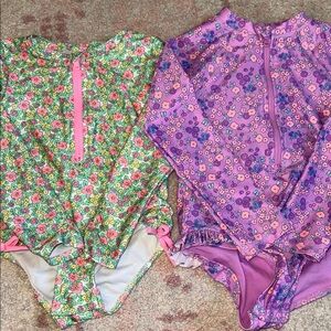 Girls Floral Long-Sleeve One-Piece Swimsuits - Pink & Purple 4T